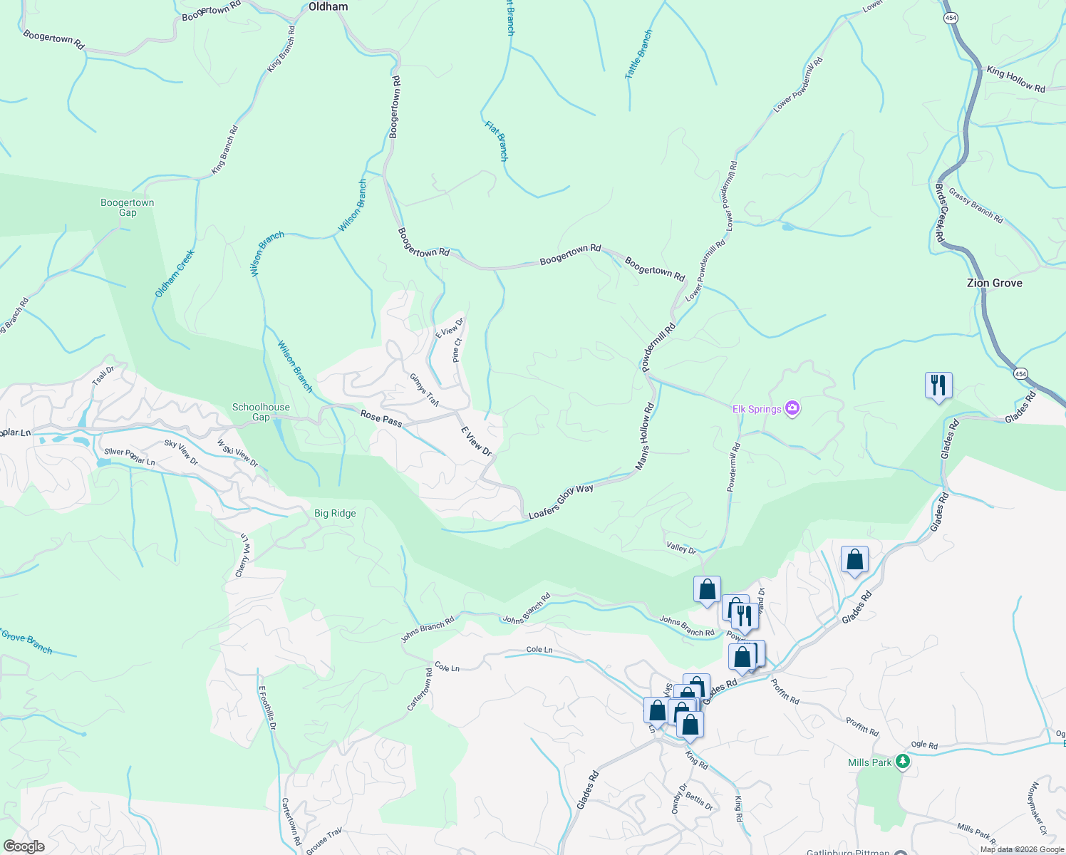 map of restaurants, bars, coffee shops, grocery stores, and more near 2129 Red Bud Road in Sevierville