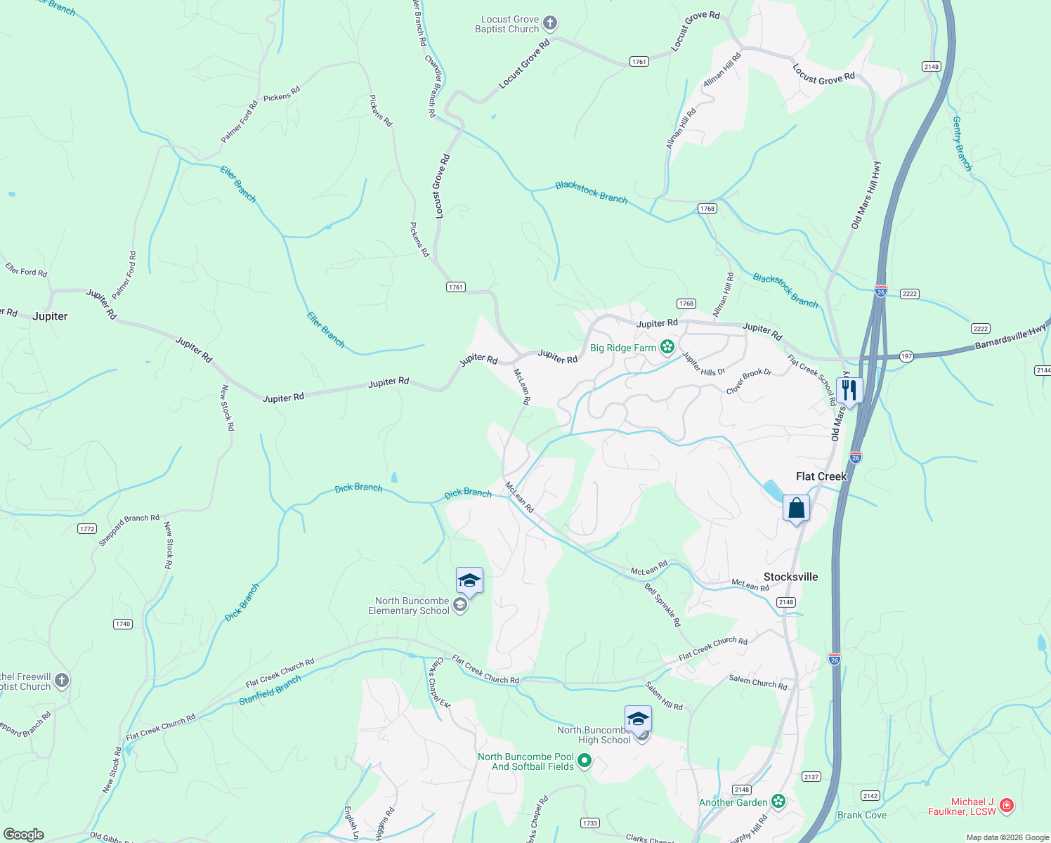 map of restaurants, bars, coffee shops, grocery stores, and more near 259 McLean Road in Weaverville