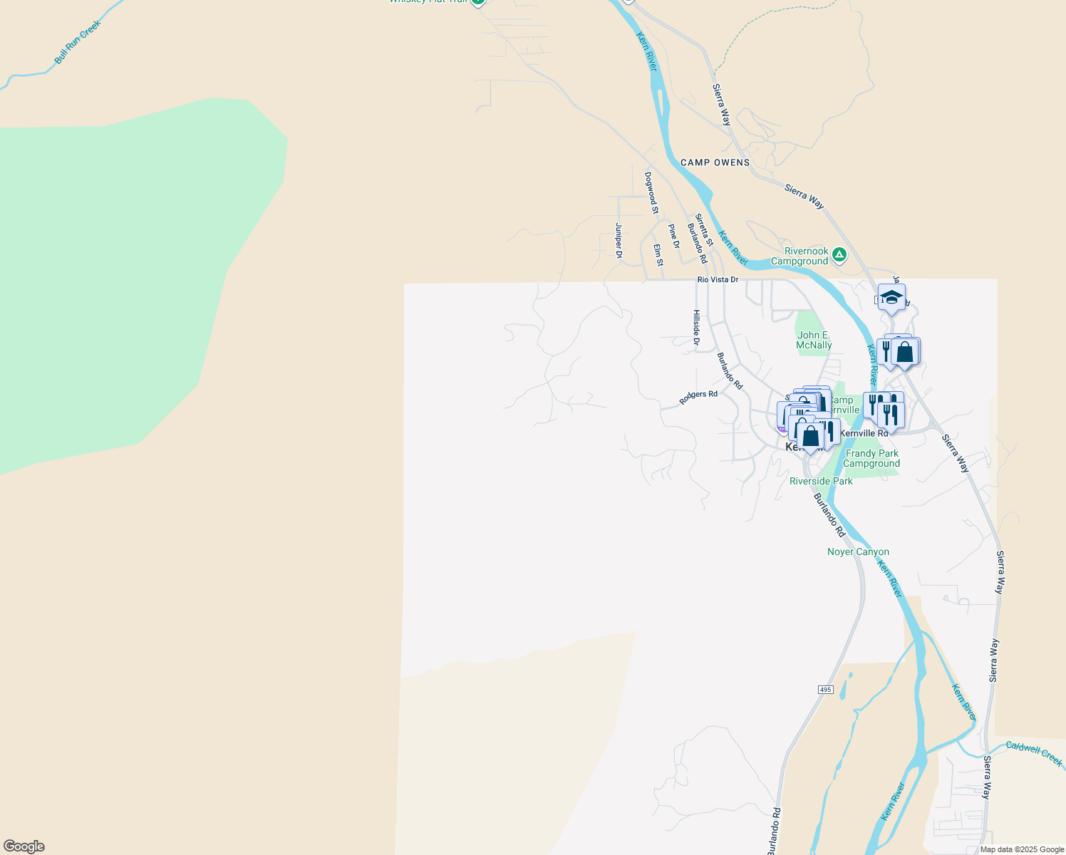 map of restaurants, bars, coffee shops, grocery stores, and more near 1505 North Frontier Trail in Kernville