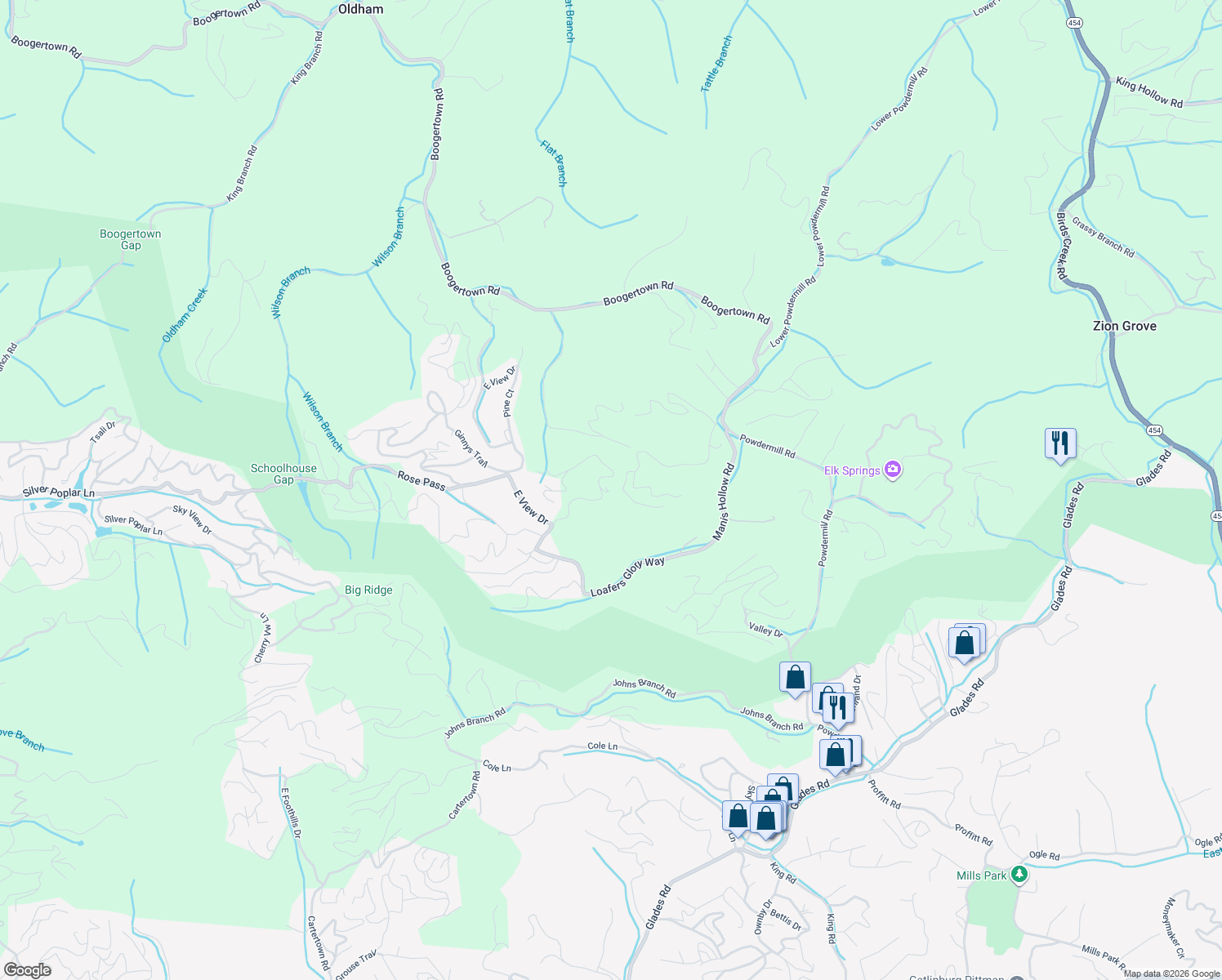 map of restaurants, bars, coffee shops, grocery stores, and more near 2160 Red Bud Road in Pigeon Forge
