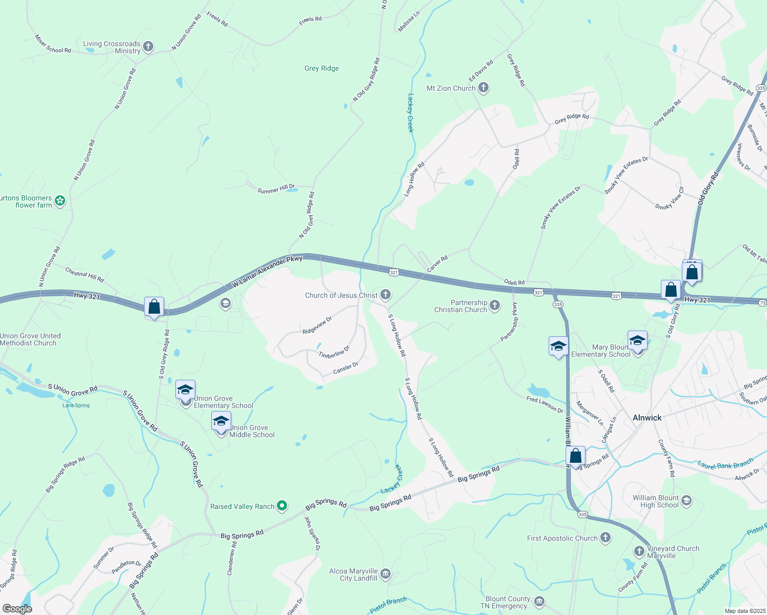 map of restaurants, bars, coffee shops, grocery stores, and more near 307 South Long Hollow Road in Maryville