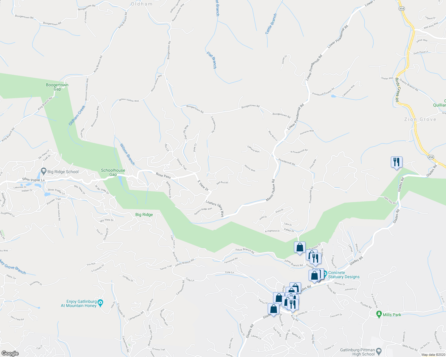 map of restaurants, bars, coffee shops, grocery stores, and more near 2129 Red Bud Road in Sevierville