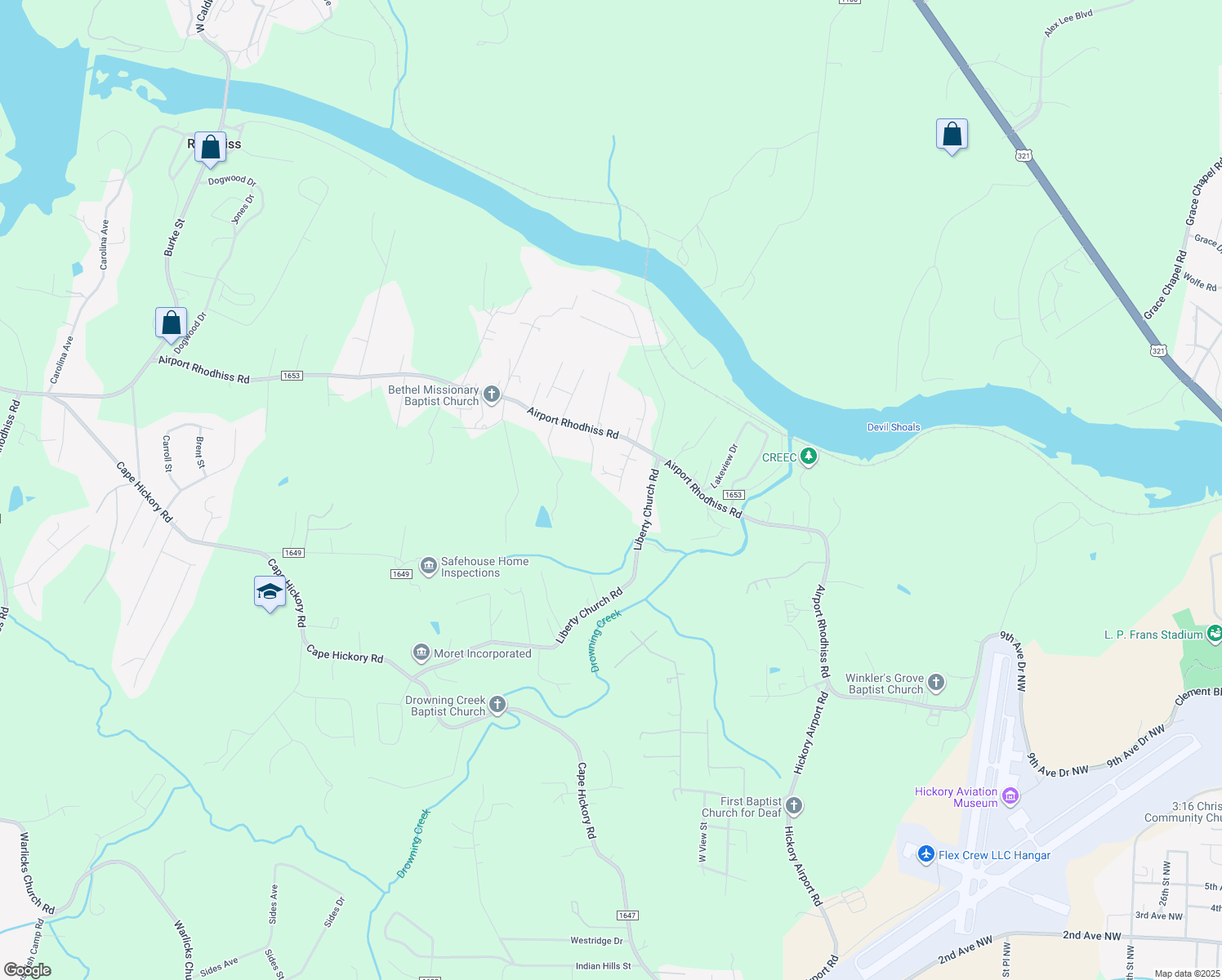 map of restaurants, bars, coffee shops, grocery stores, and more near 2104 Wildwood Drive in Hickory