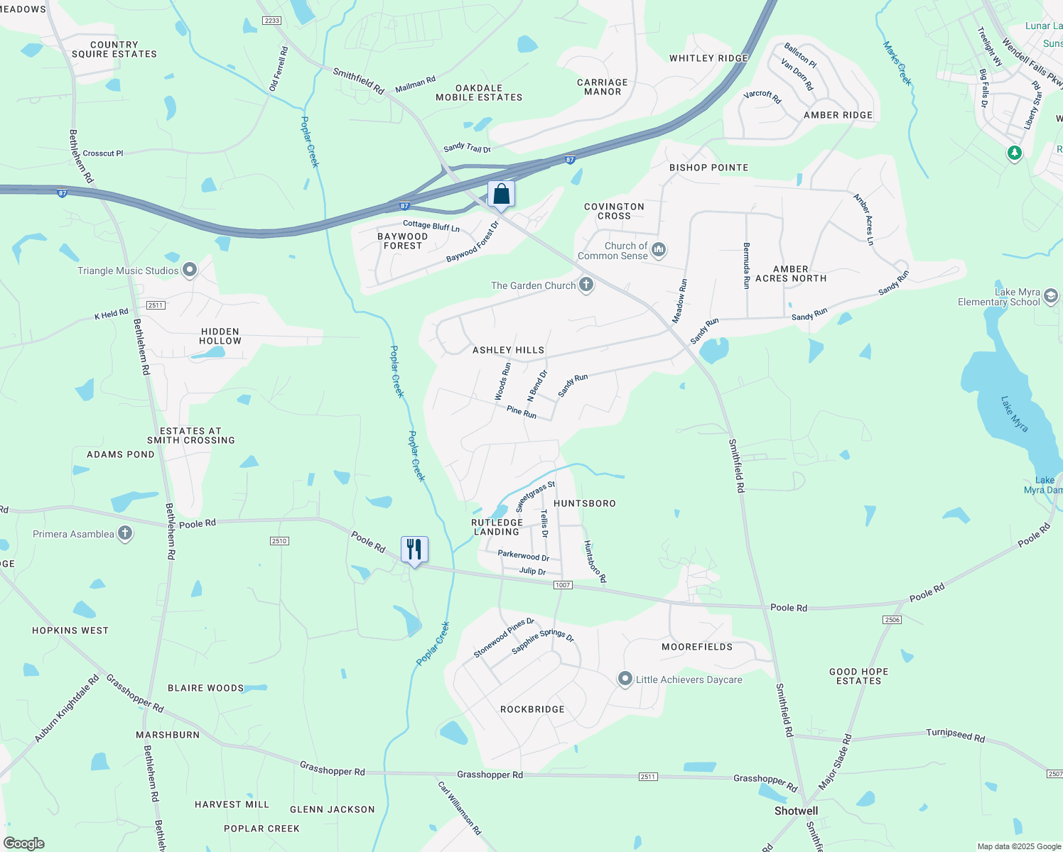 map of restaurants, bars, coffee shops, grocery stores, and more near 403 North Bend Drive in Knightdale