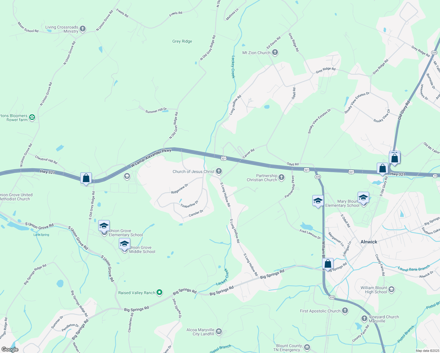 map of restaurants, bars, coffee shops, grocery stores, and more near 307 South Long Hollow Road in Maryville