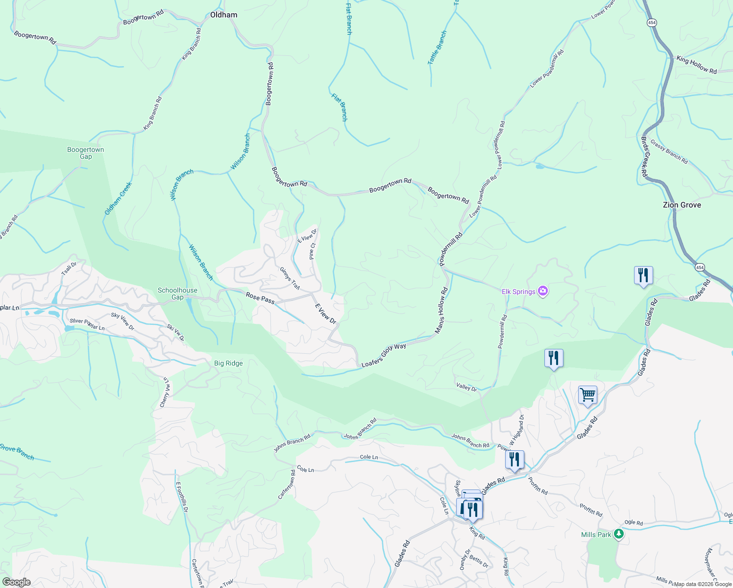 map of restaurants, bars, coffee shops, grocery stores, and more near 4224 South Boogertown Road in Sevierville