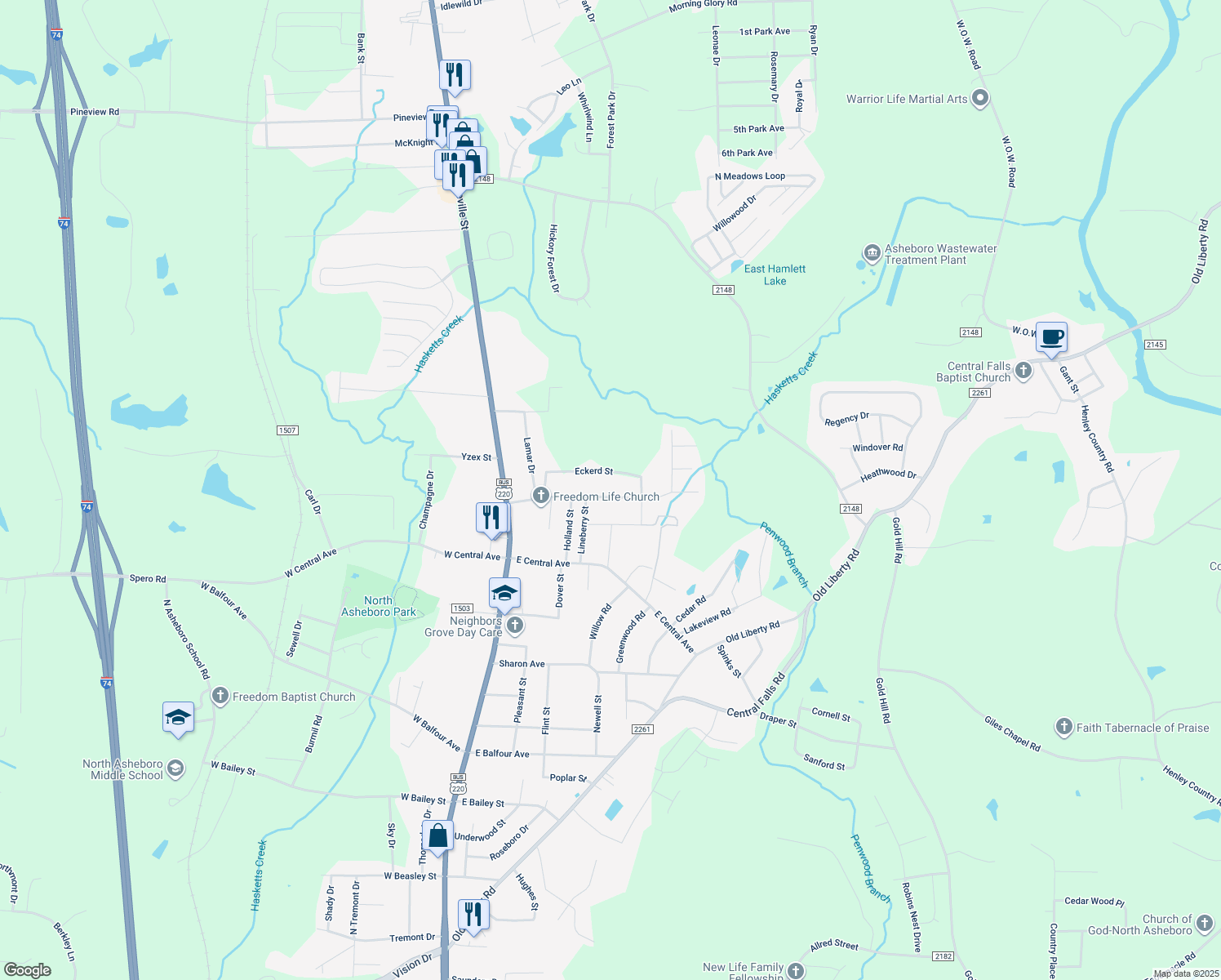 map of restaurants, bars, coffee shops, grocery stores, and more near 403 Sunrise Avenue in Asheboro