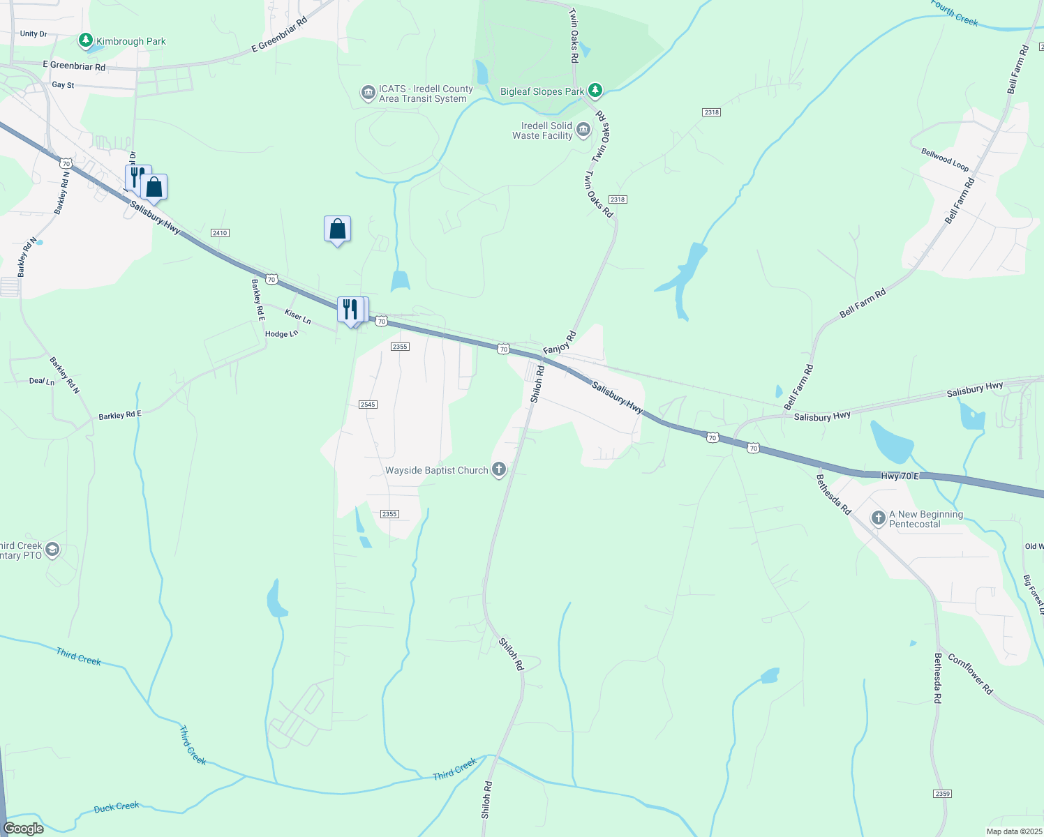map of restaurants, bars, coffee shops, grocery stores, and more near 154 Shiloh Road in Statesville