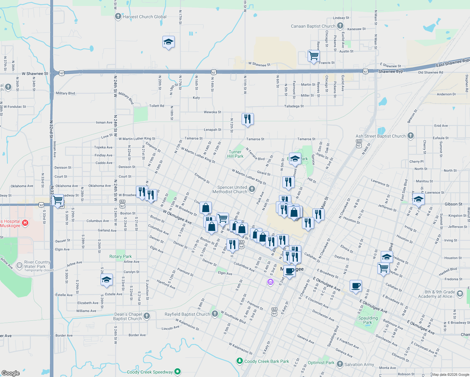 map of restaurants, bars, coffee shops, grocery stores, and more near 538 North 10th Street in Muskogee