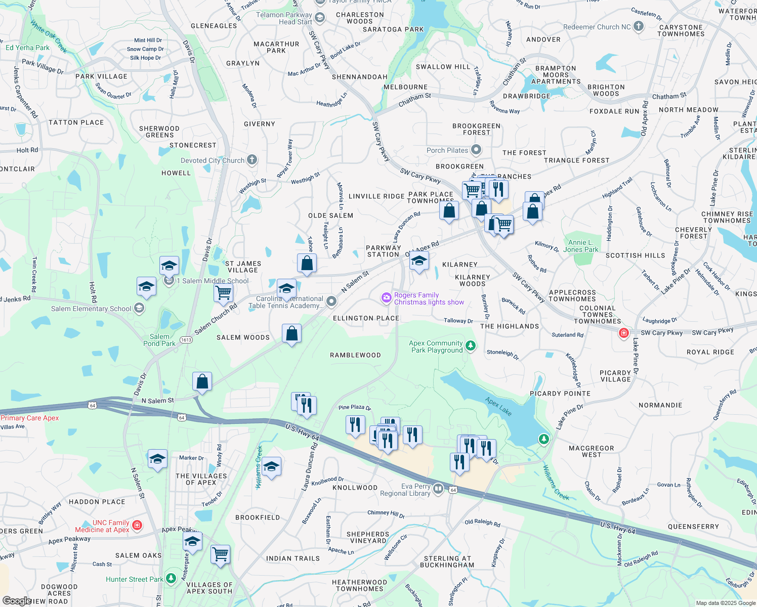 map of restaurants, bars, coffee shops, grocery stores, and more near 713 Bay Bouquet Lane in Apex