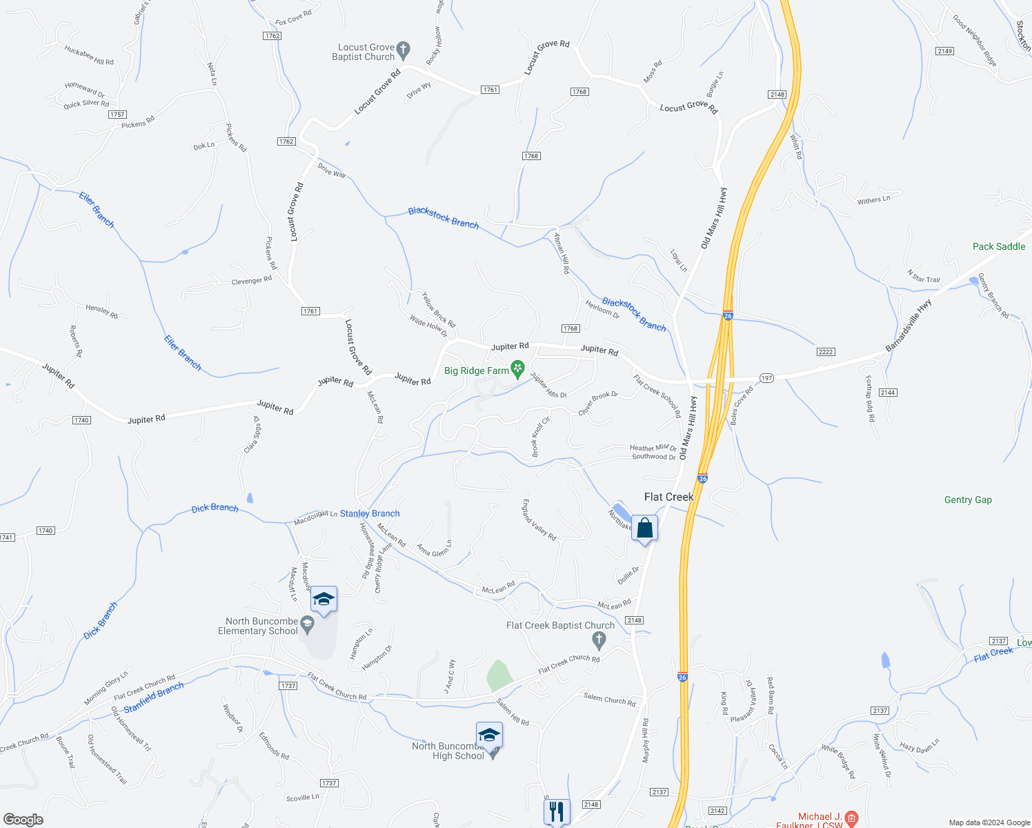 map of restaurants, bars, coffee shops, grocery stores, and more near 538 Brook Knoll Circle in Weaverville