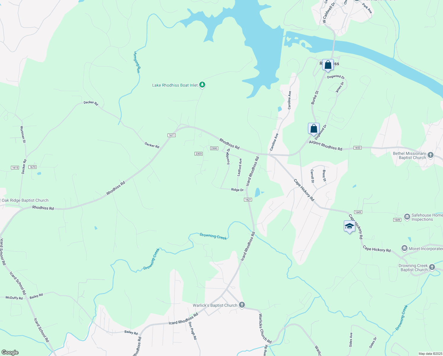map of restaurants, bars, coffee shops, grocery stores, and more near 2080 Foxridge Drive in Connelly Springs
