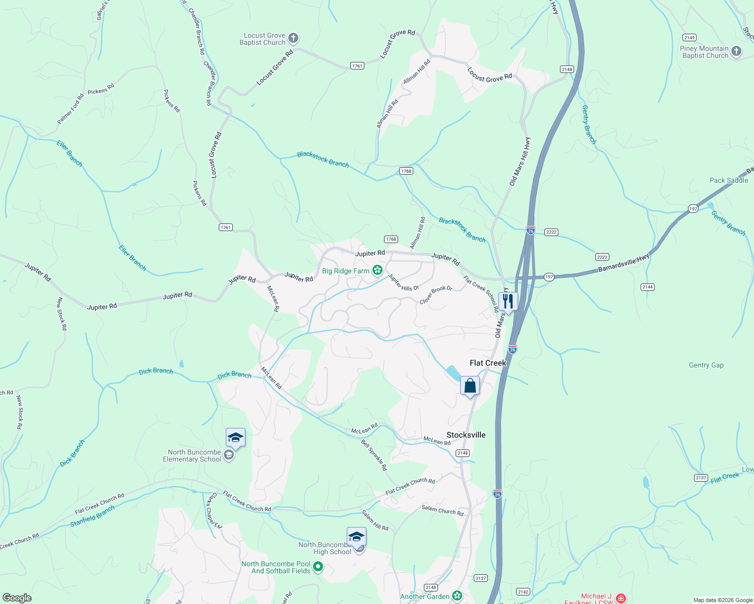 map of restaurants, bars, coffee shops, grocery stores, and more near 538 Brook Knoll Circle in Weaverville
