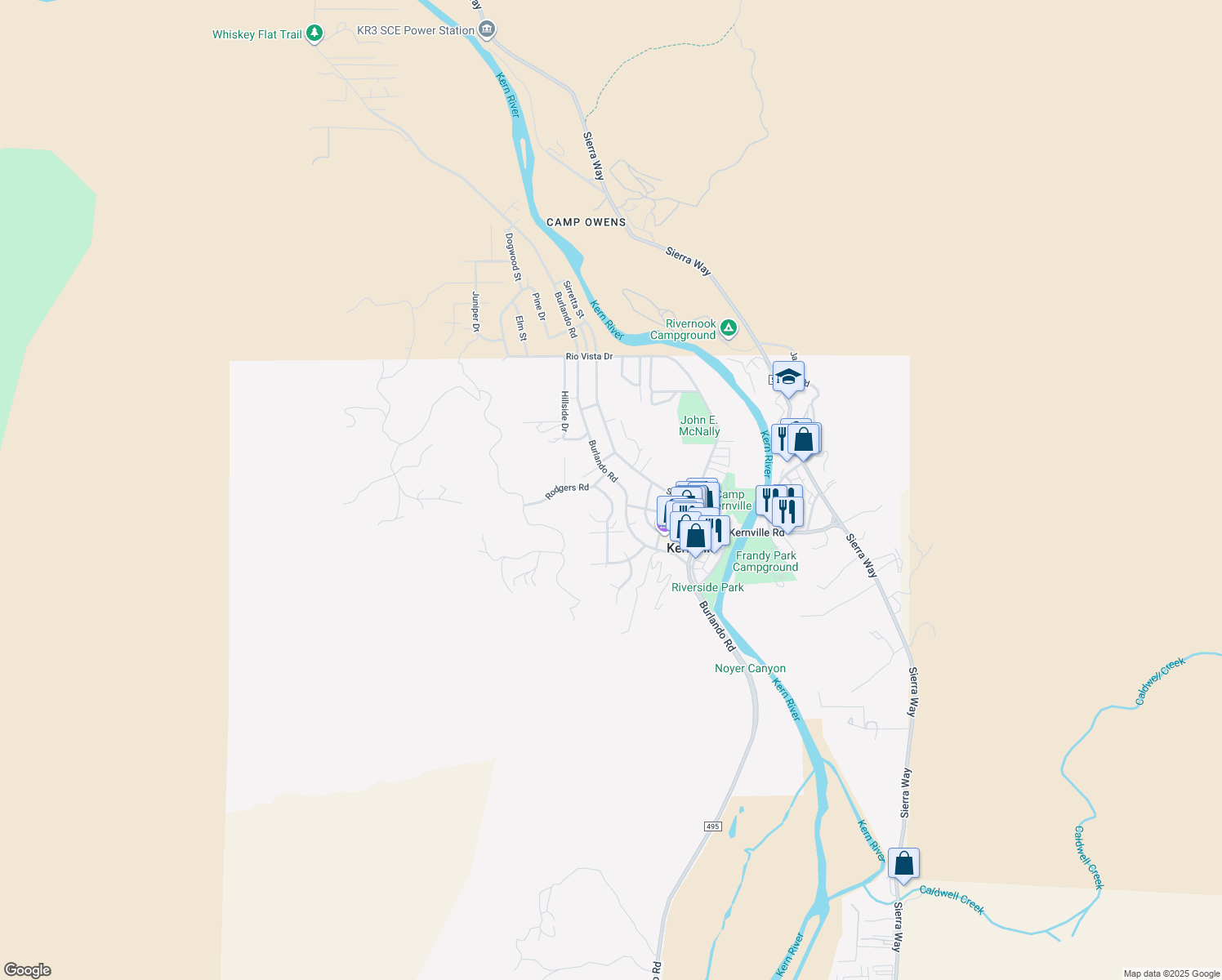 map of restaurants, bars, coffee shops, grocery stores, and more near 49 Panorama Drive in Kernville