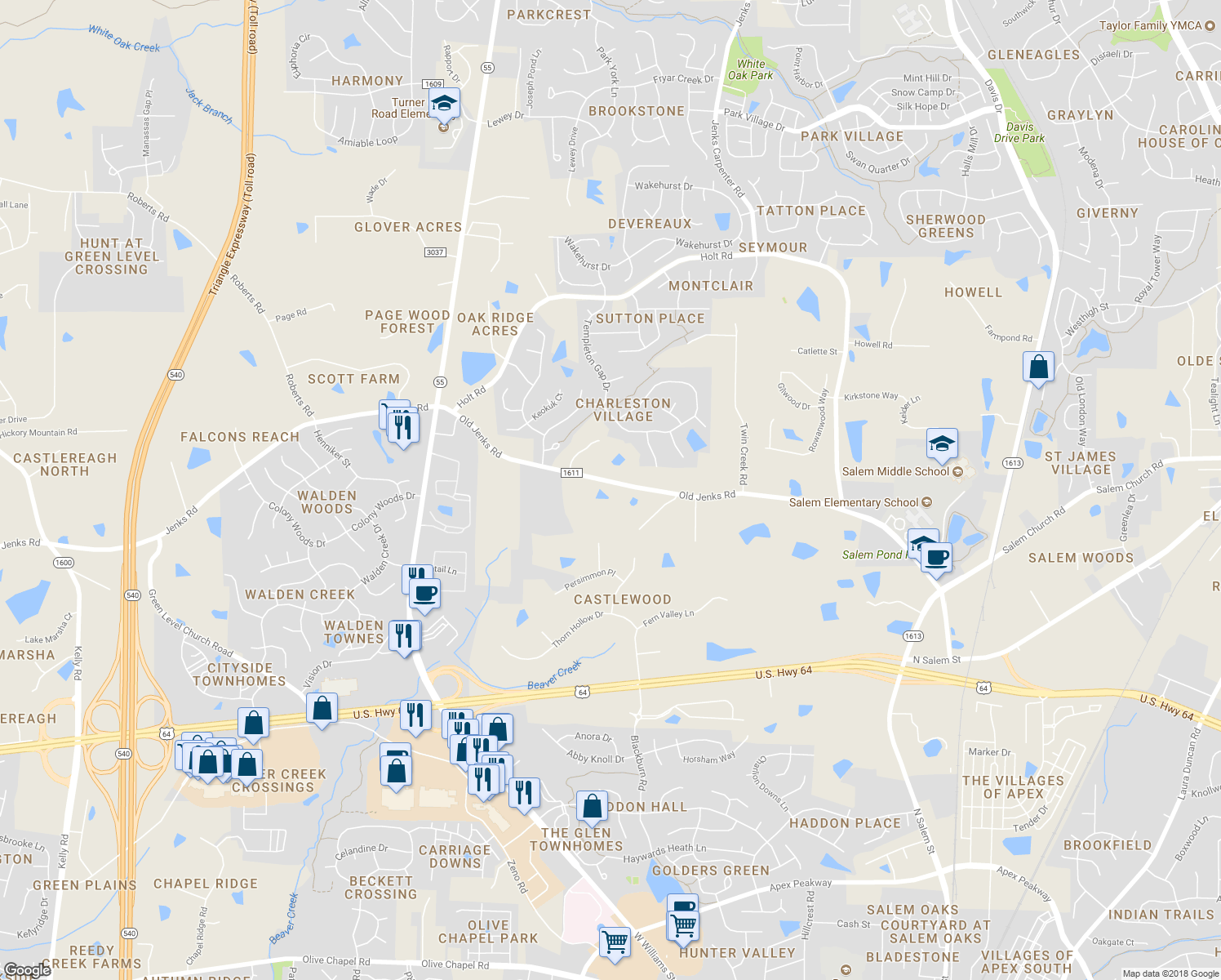map of restaurants, bars, coffee shops, grocery stores, and more near 6609 Old Jenks Road in Apex