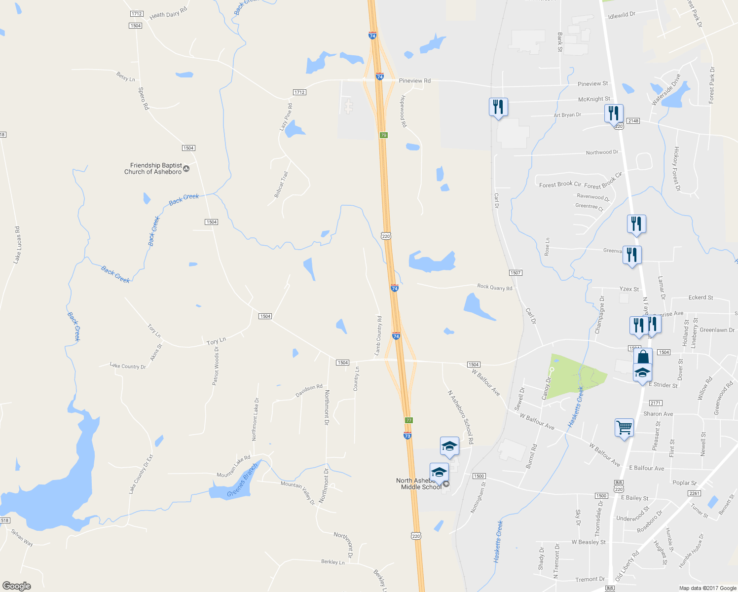 map of restaurants, bars, coffee shops, grocery stores, and more near 2471 Lamb Country Road in Asheboro