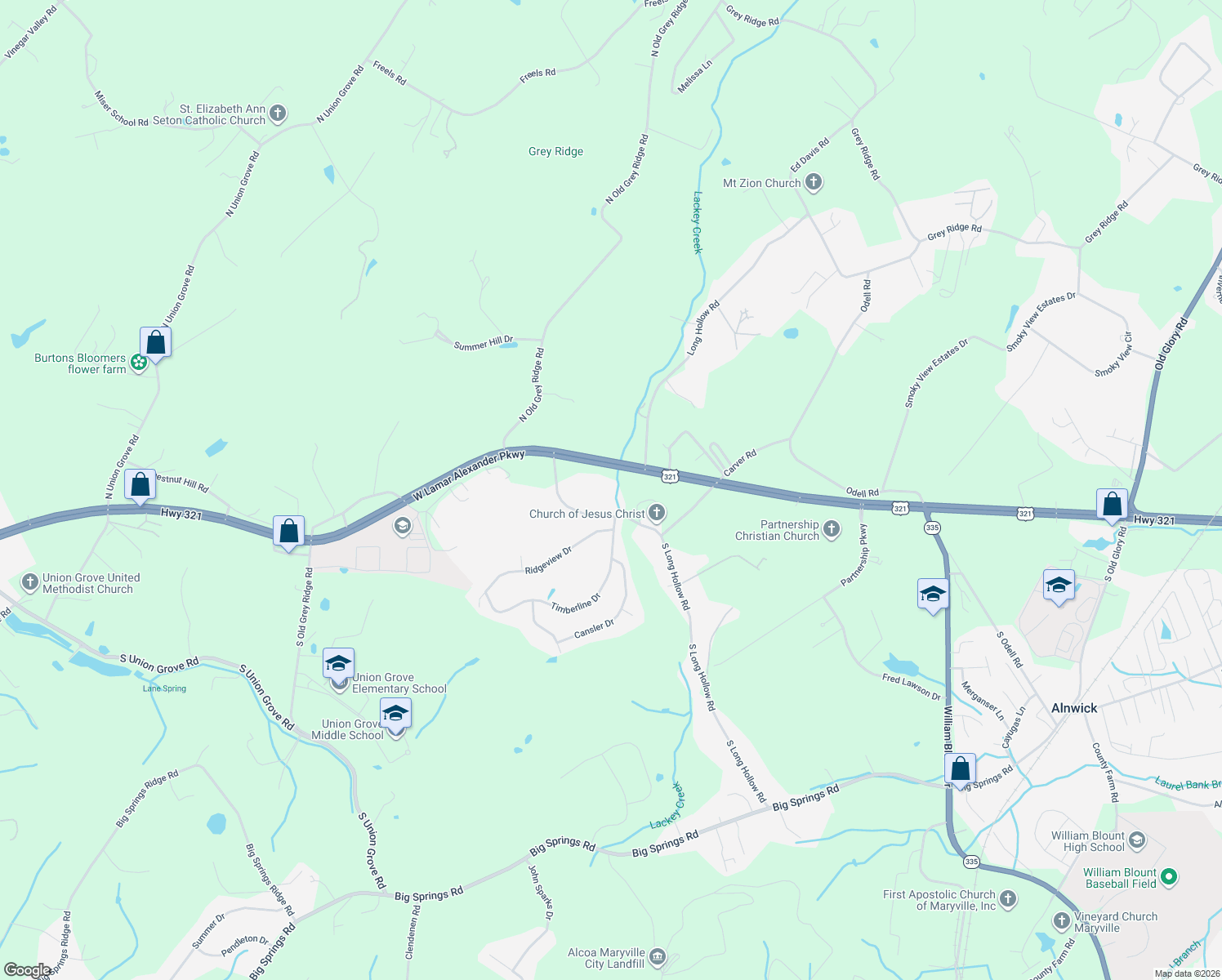 map of restaurants, bars, coffee shops, grocery stores, and more near 330 South Long Hollow Road in Maryville