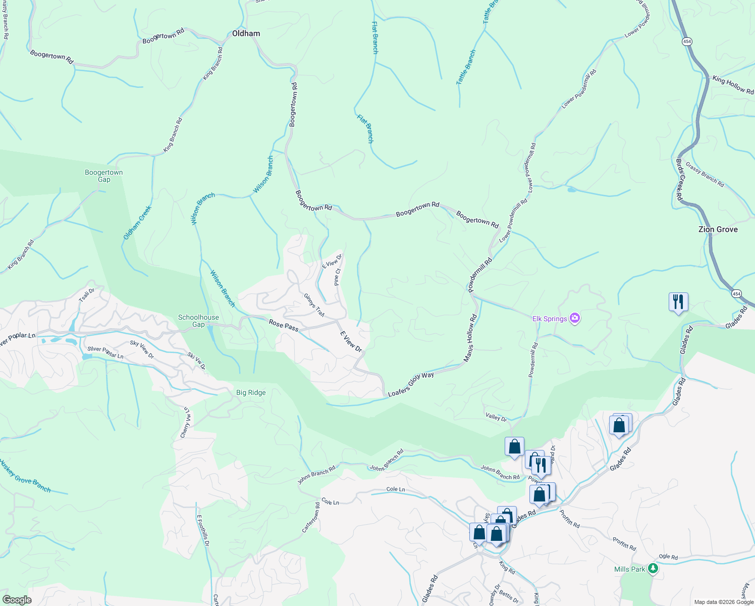 map of restaurants, bars, coffee shops, grocery stores, and more near 4224 South Boogertown Road in Sevierville