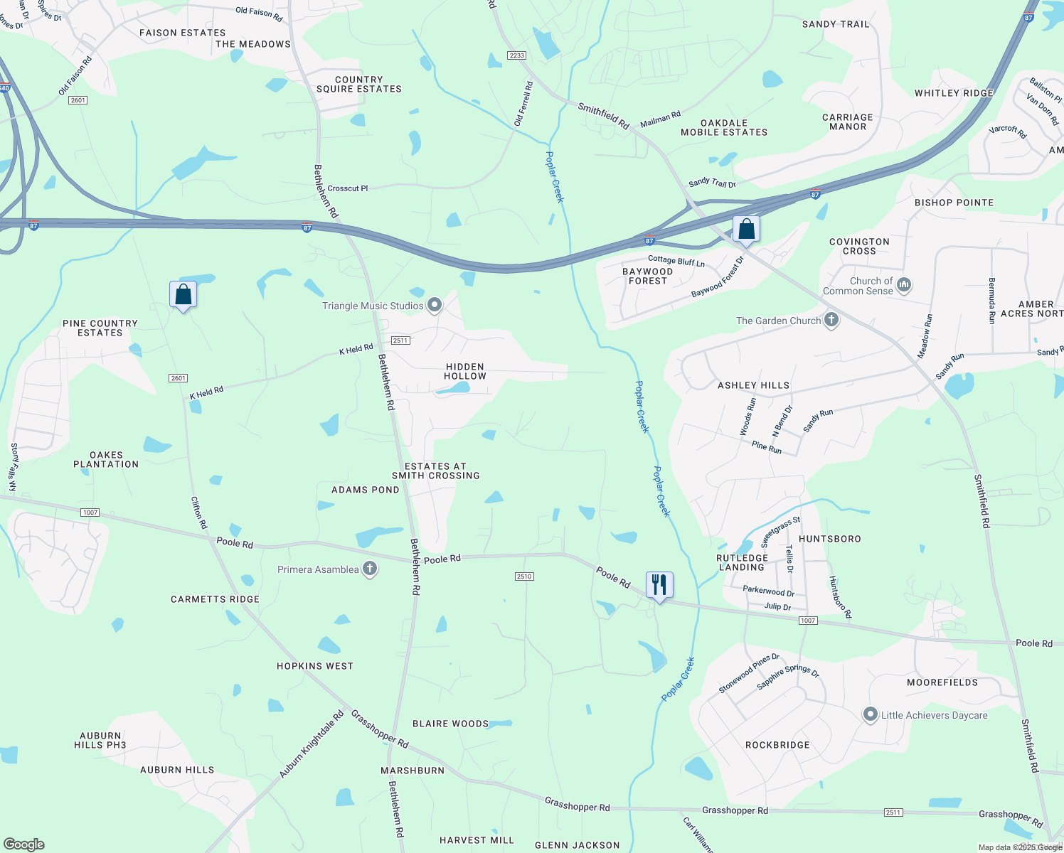 map of restaurants, bars, coffee shops, grocery stores, and more near 1403 Font Hills Lane in Knightdale