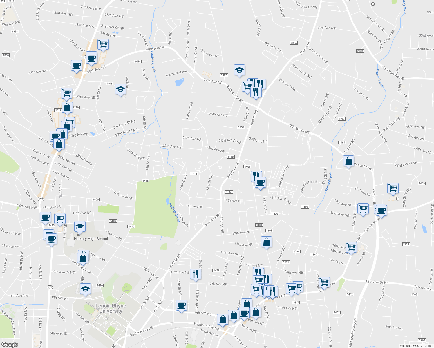 map of restaurants, bars, coffee shops, grocery stores, and more near 1315 20th Avenue Place Northeast in Hickory