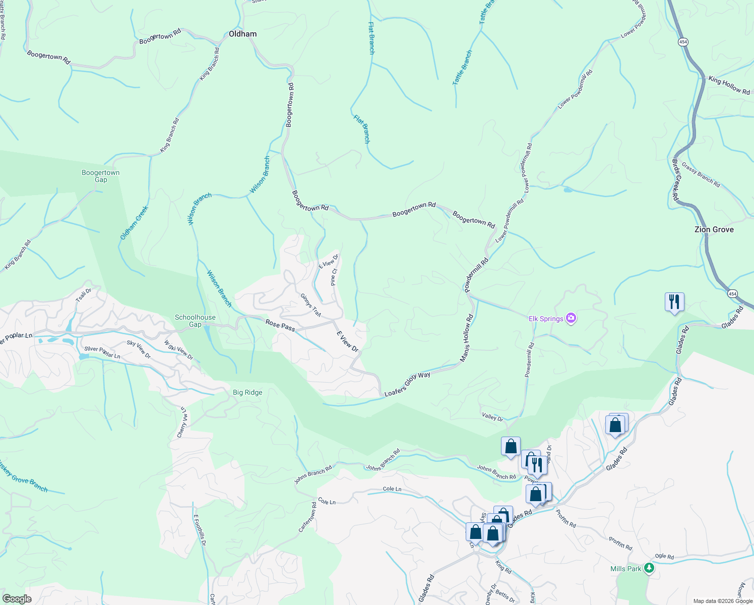 map of restaurants, bars, coffee shops, grocery stores, and more near 4224 South Boogertown Road in Sevierville