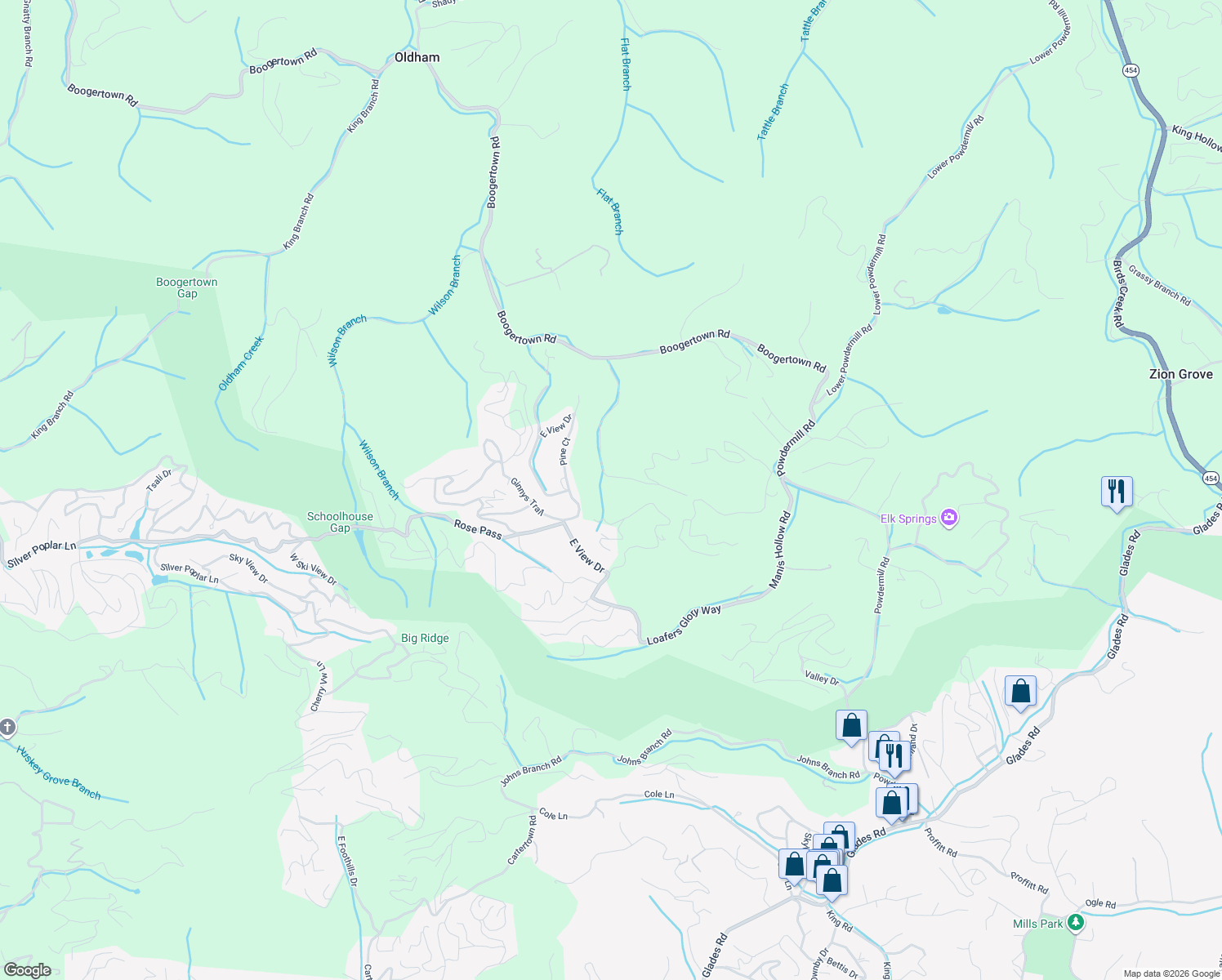 map of restaurants, bars, coffee shops, grocery stores, and more near 4210 South Boogertown Road in Sevierville