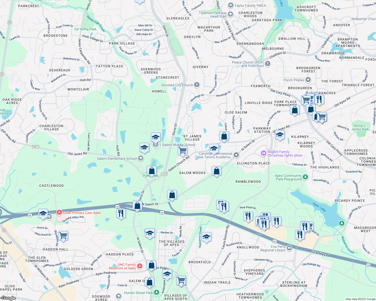 map of restaurants, bars, coffee shops, grocery stores, and more near 1706 Brashear Court in Apex