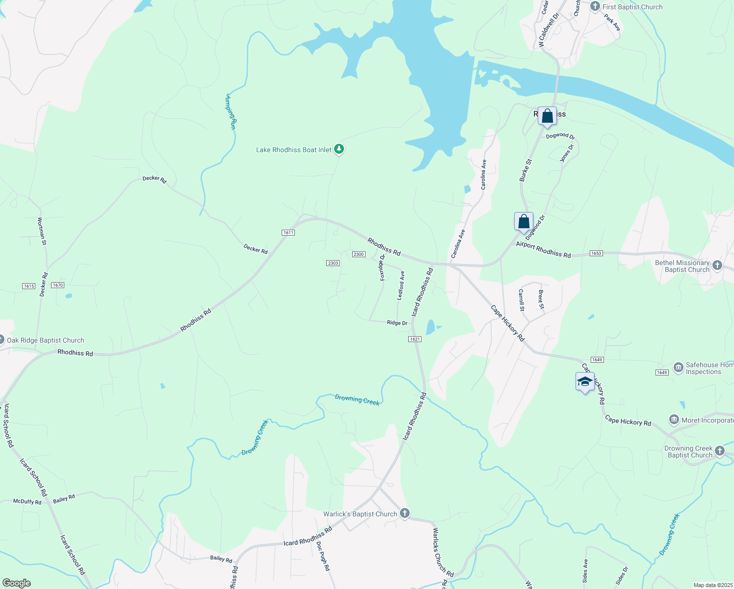 map of restaurants, bars, coffee shops, grocery stores, and more near 2080 Foxridge Drive in Connelly Springs