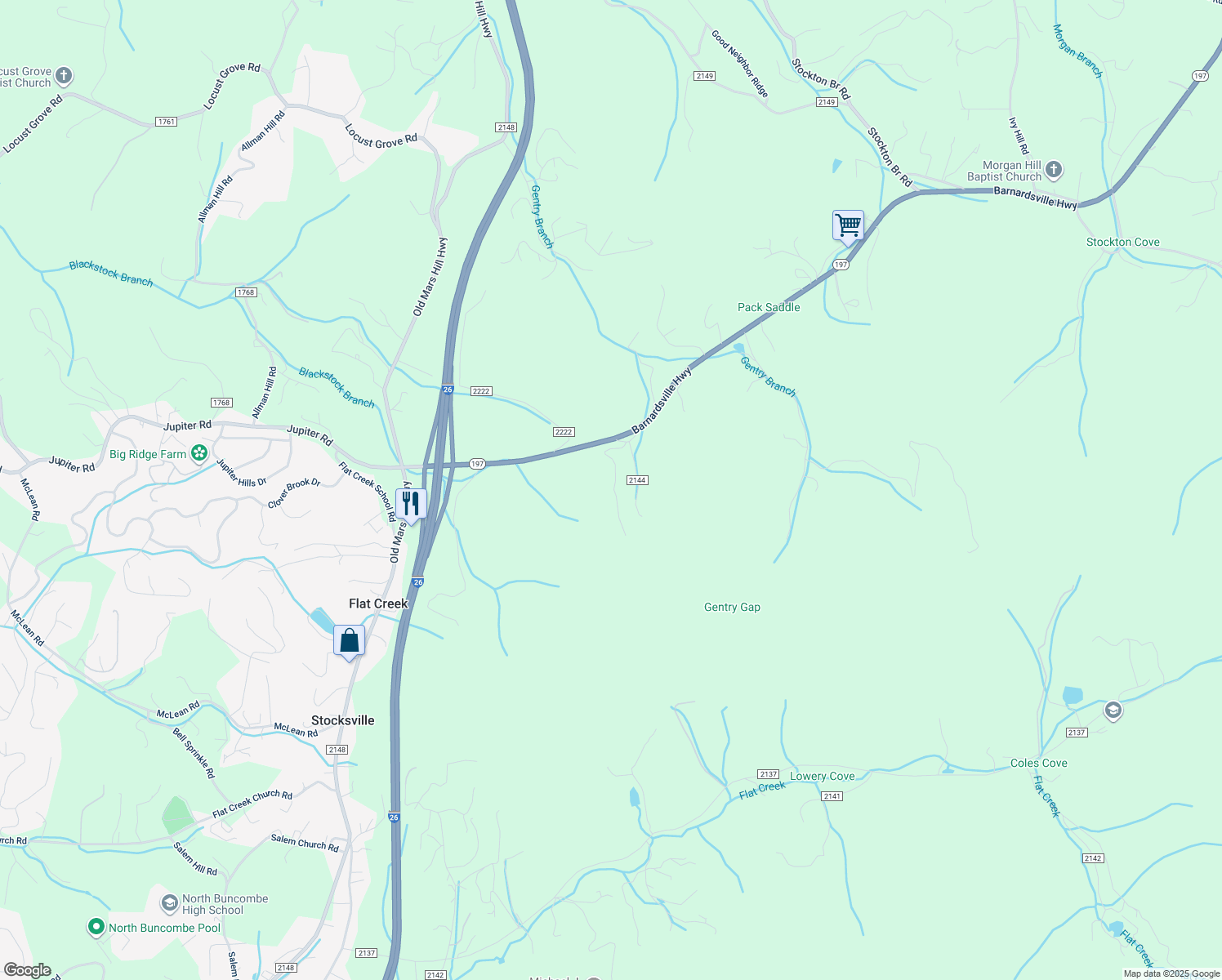 map of restaurants, bars, coffee shops, grocery stores, and more near 51 Foxtrap Ridge Road in Weaverville