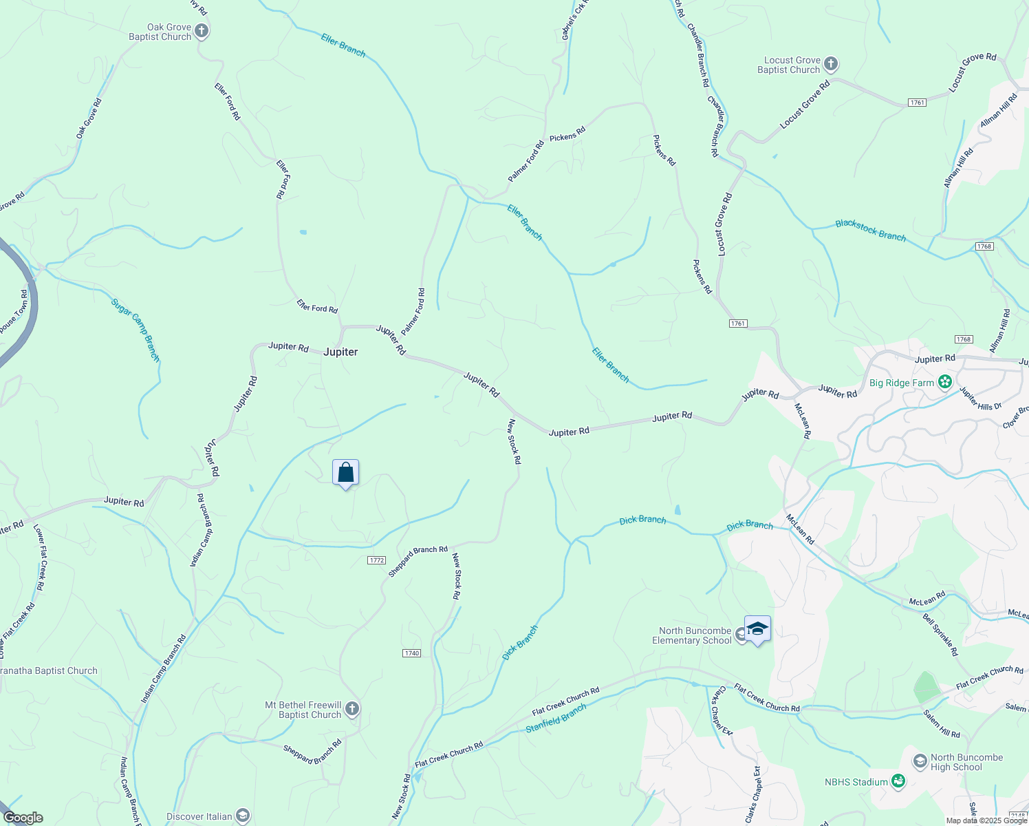 map of restaurants, bars, coffee shops, grocery stores, and more near Jupiter Road in Weaverville