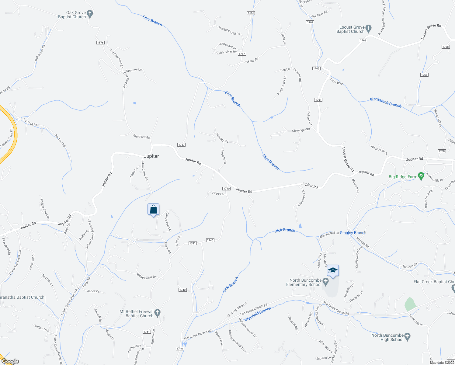 map of restaurants, bars, coffee shops, grocery stores, and more near 579 Jupiter Road in Weaverville