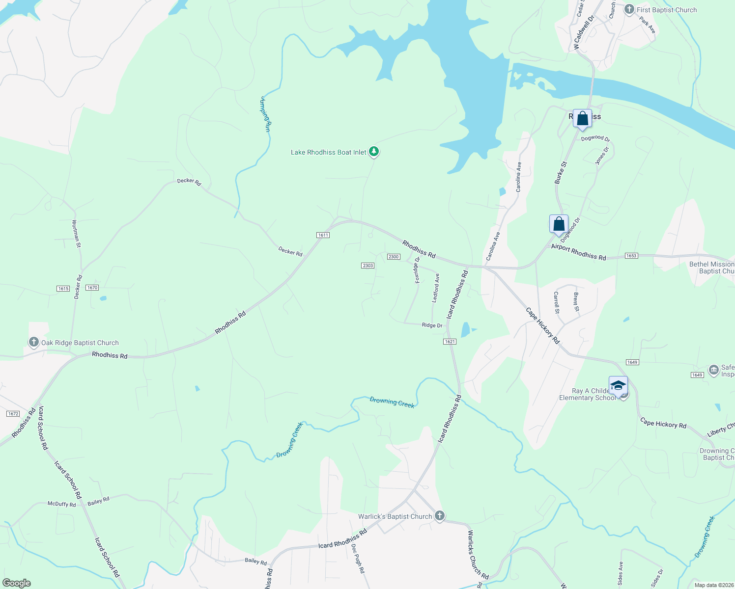 map of restaurants, bars, coffee shops, grocery stores, and more near 8302 Ridge Drive in Connelly Springs