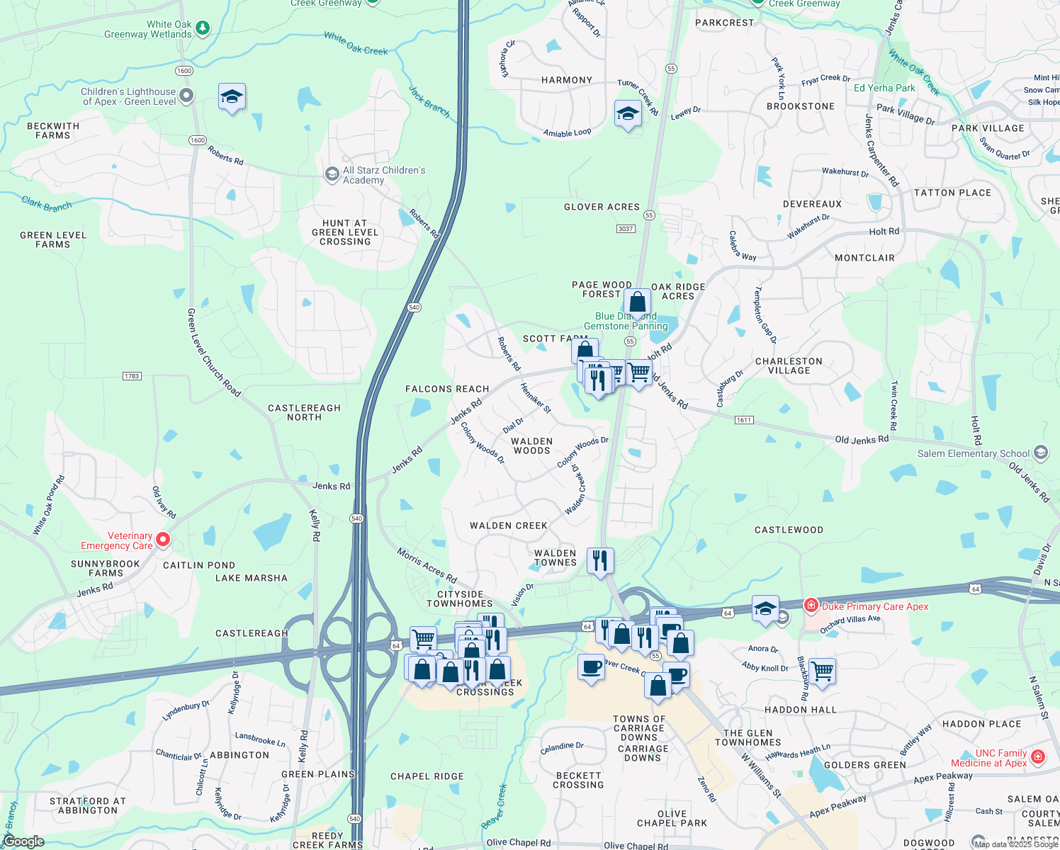 map of restaurants, bars, coffee shops, grocery stores, and more near 2003 Fitchburg Ct in Apex