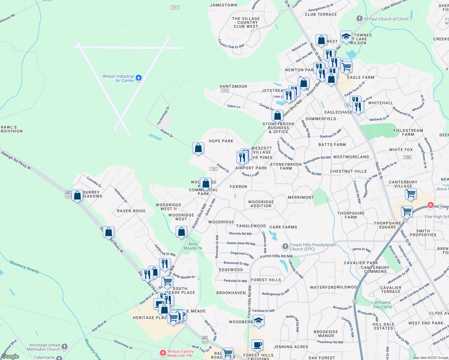 map of restaurants, bars, coffee shops, grocery stores, and more near Airport Blvd NW in Wilson