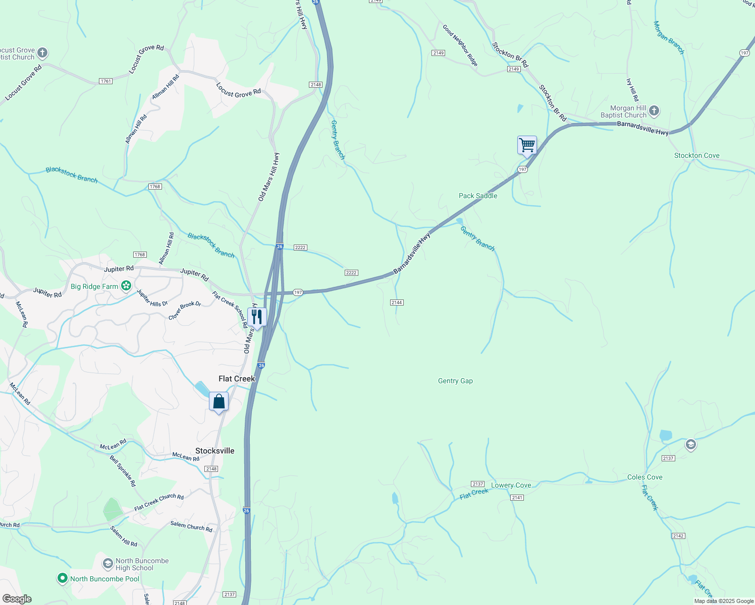 map of restaurants, bars, coffee shops, grocery stores, and more near 51 Foxtrap Ridge Road in Weaverville