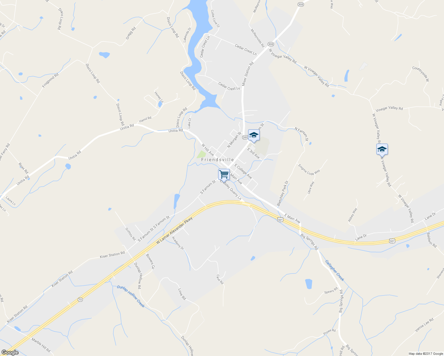 map of restaurants, bars, coffee shops, grocery stores, and more near 315 South Farnum Street in Friendsville