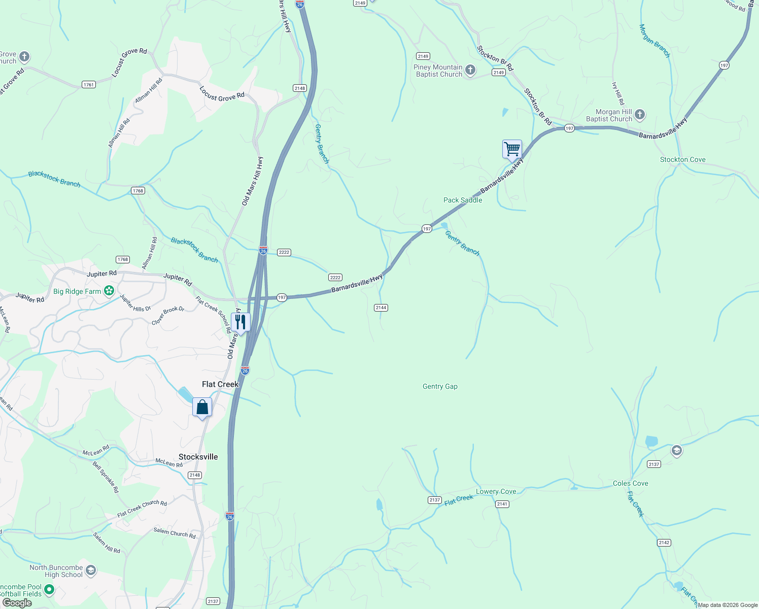 map of restaurants, bars, coffee shops, grocery stores, and more near 27 McDaris Road in Weaverville