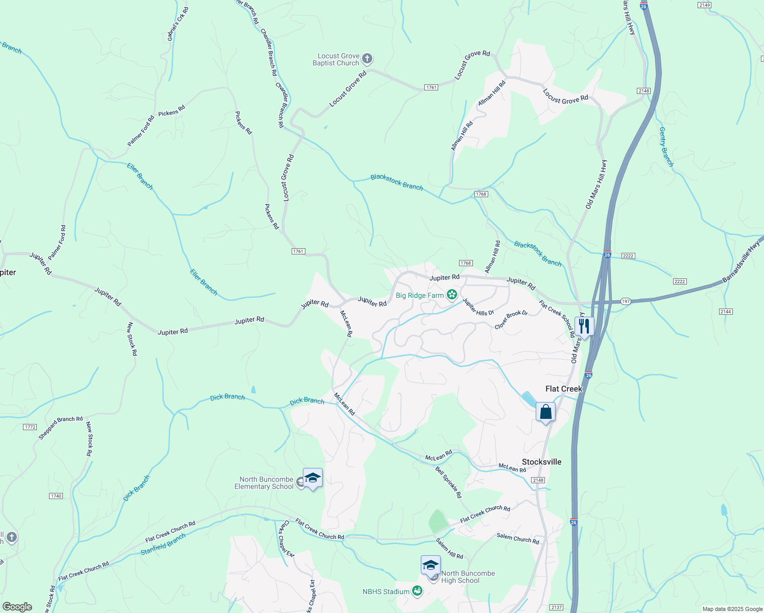 map of restaurants, bars, coffee shops, grocery stores, and more near 272 Jupiter Road in Weaverville