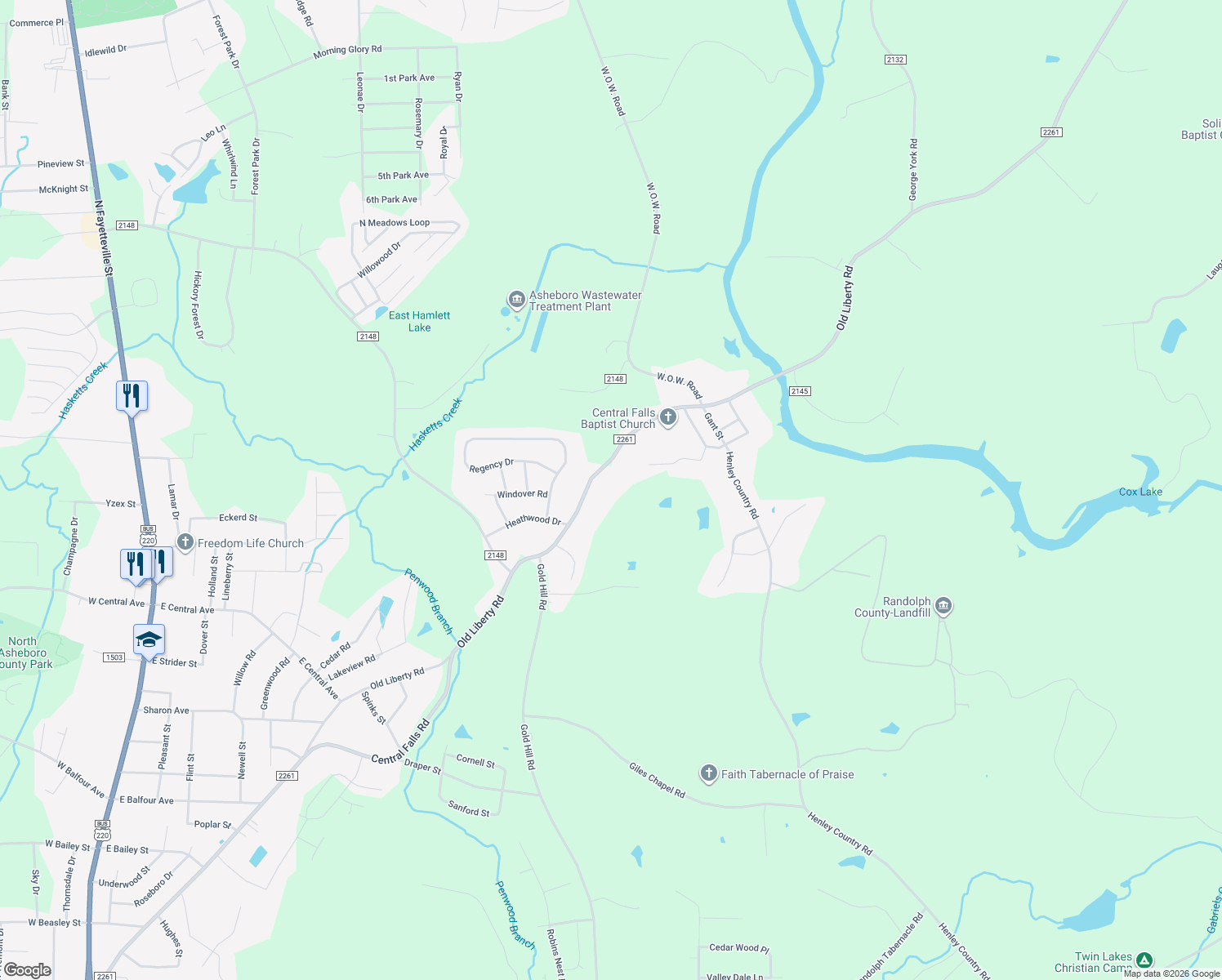 map of restaurants, bars, coffee shops, grocery stores, and more near 1236B-B Old Liberty Road in Asheboro