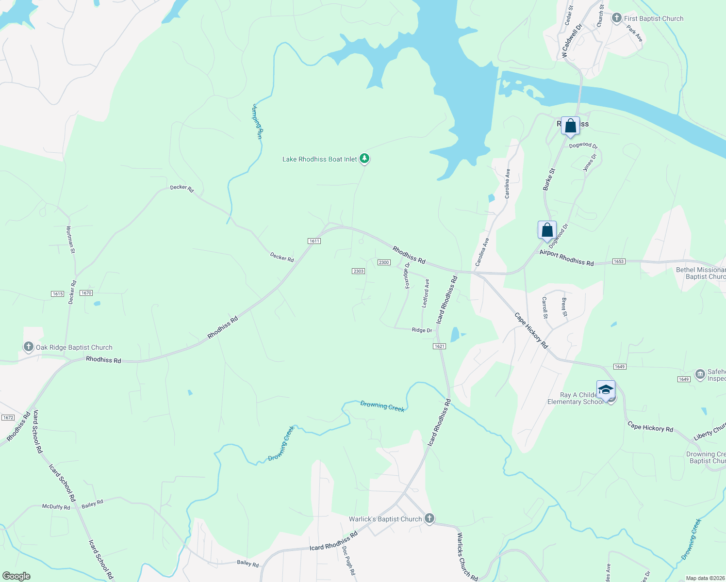 map of restaurants, bars, coffee shops, grocery stores, and more near 8302 Ridge Drive in Connelly Springs