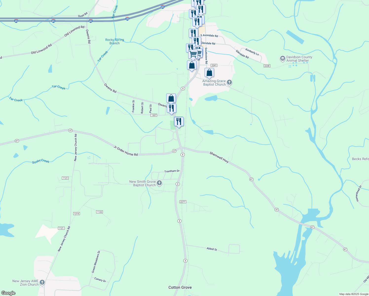 map of restaurants, bars, coffee shops, grocery stores, and more near North Carolina 47 in Lexington