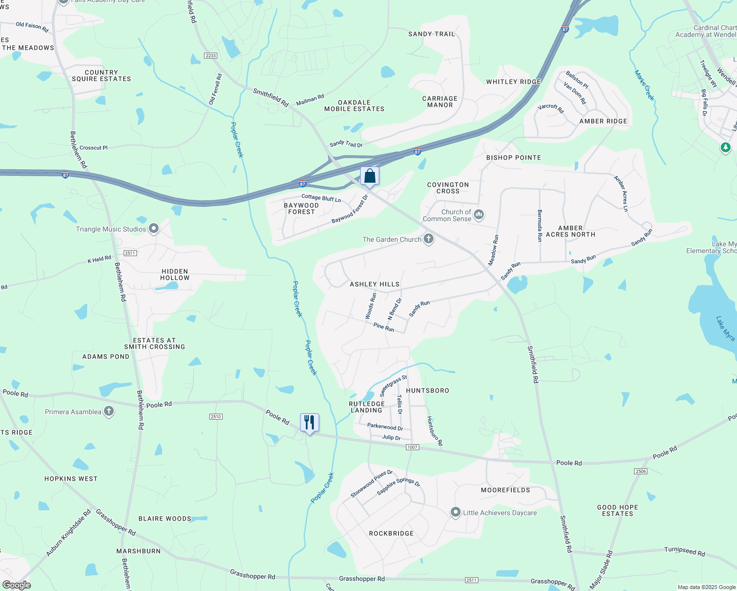 map of restaurants, bars, coffee shops, grocery stores, and more near 202 Woods Run in Knightdale