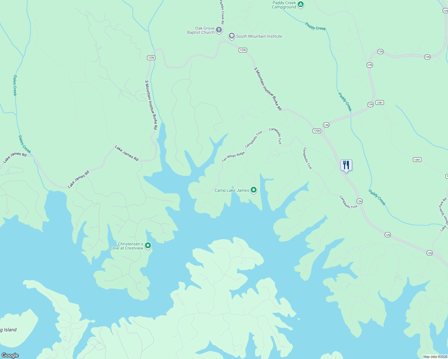 map of restaurants, bars, coffee shops, grocery stores, and more near 1267 Ten Whigs Ridge in Nebo