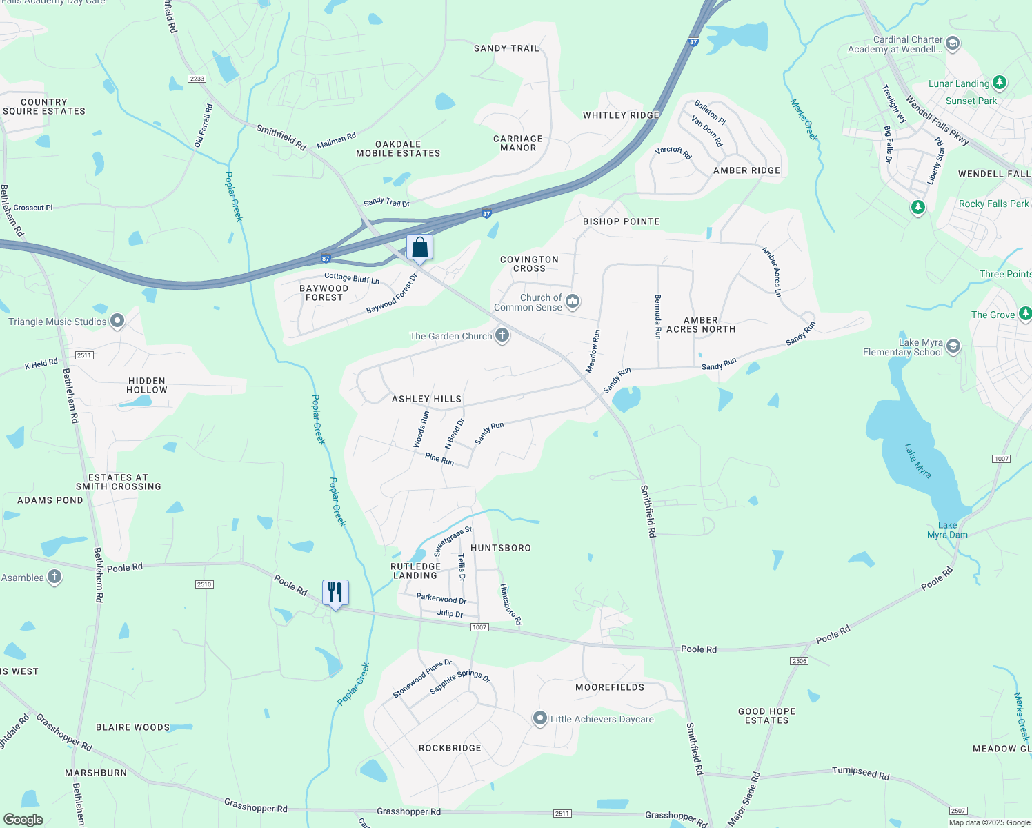 map of restaurants, bars, coffee shops, grocery stores, and more near 304 Sandy Run in Knightdale