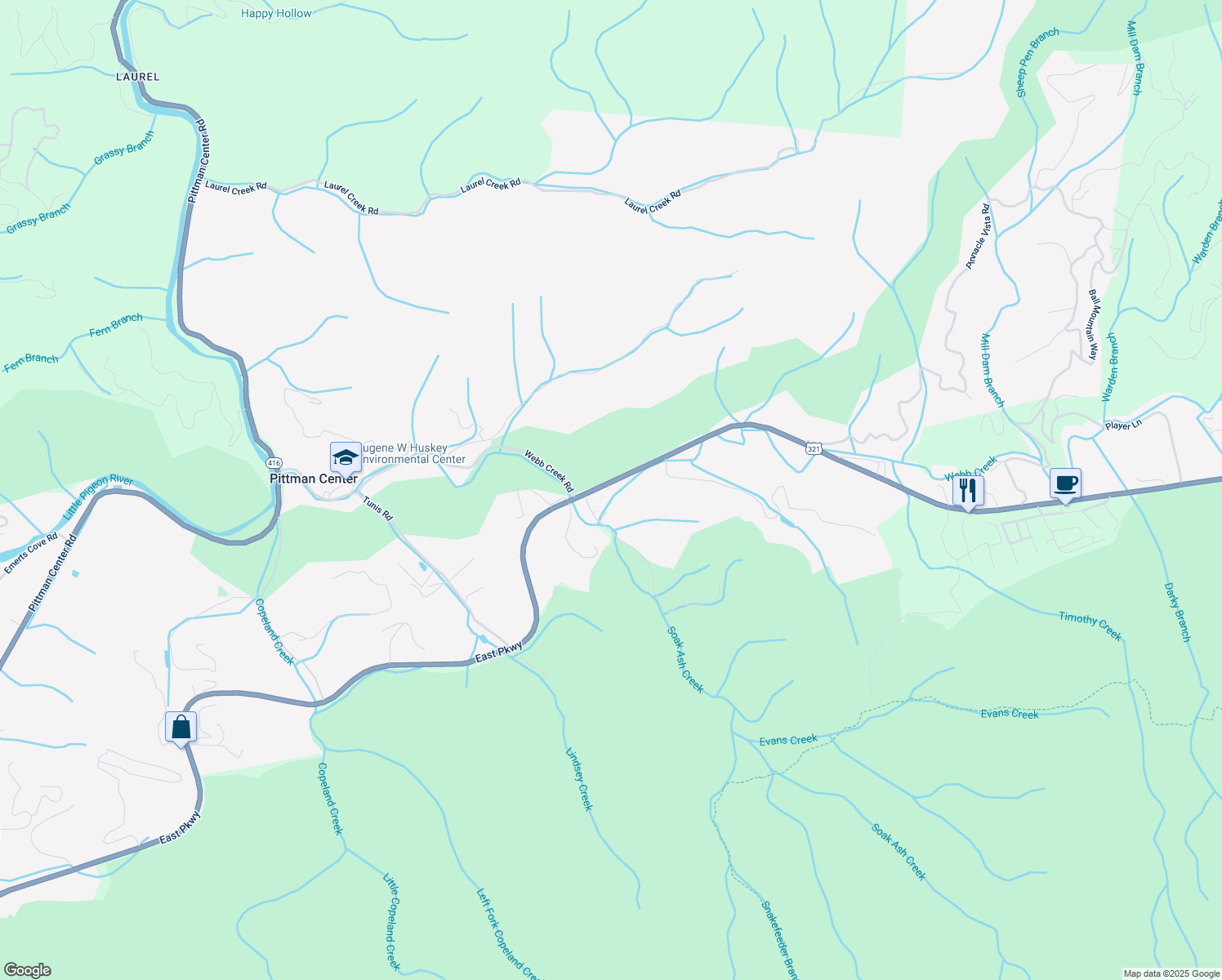 map of restaurants, bars, coffee shops, grocery stores, and more near 3224 East Parkway in Gatlinburg