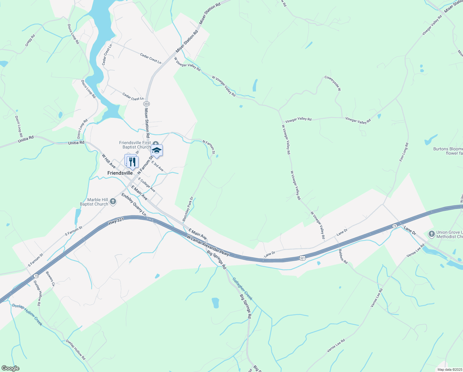 map of restaurants, bars, coffee shops, grocery stores, and more near 548 Enigma Code Way in Friendsville