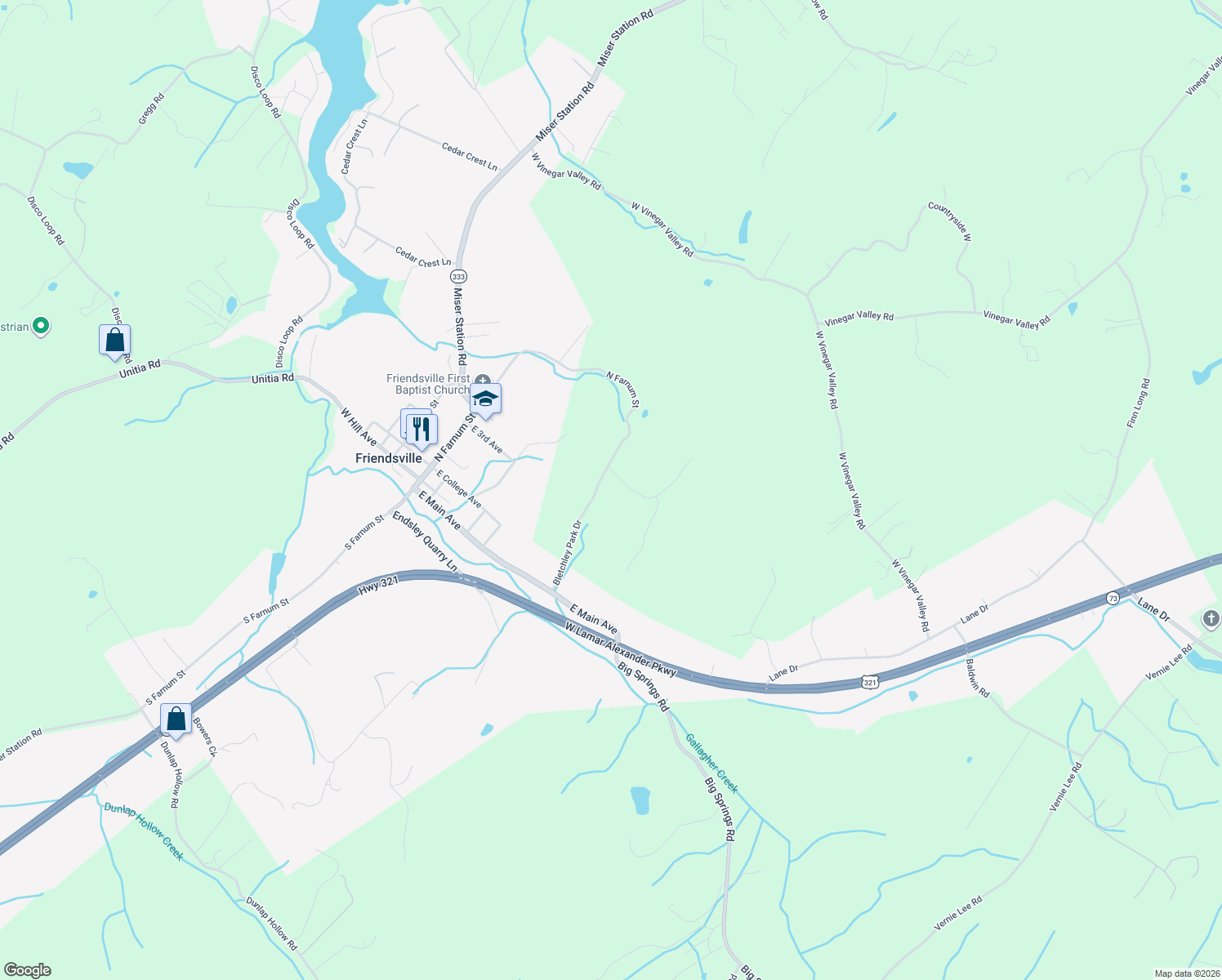 map of restaurants, bars, coffee shops, grocery stores, and more near 514 Enigma Code Way in Friendsville