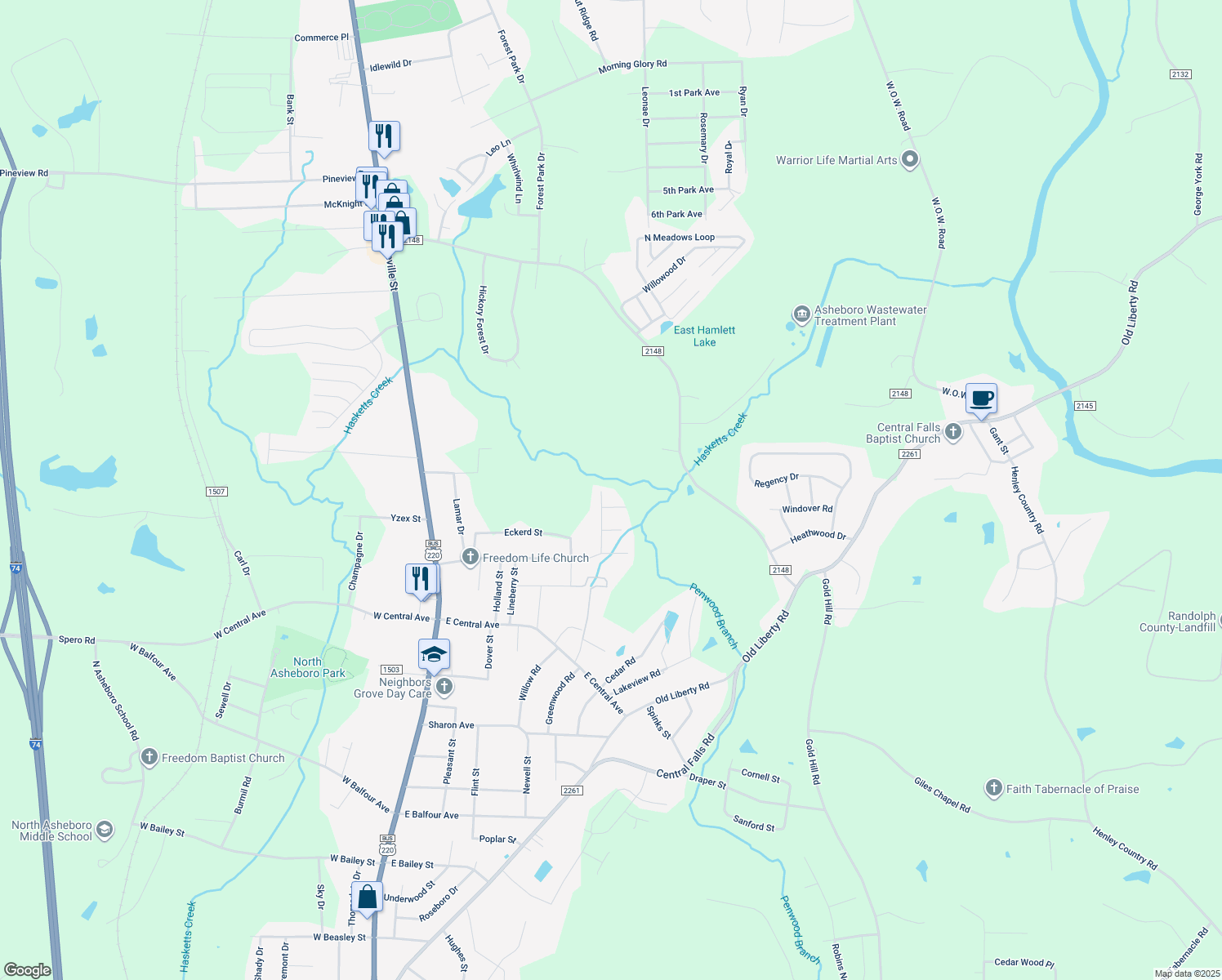 map of restaurants, bars, coffee shops, grocery stores, and more near 2112 King Court in Asheboro