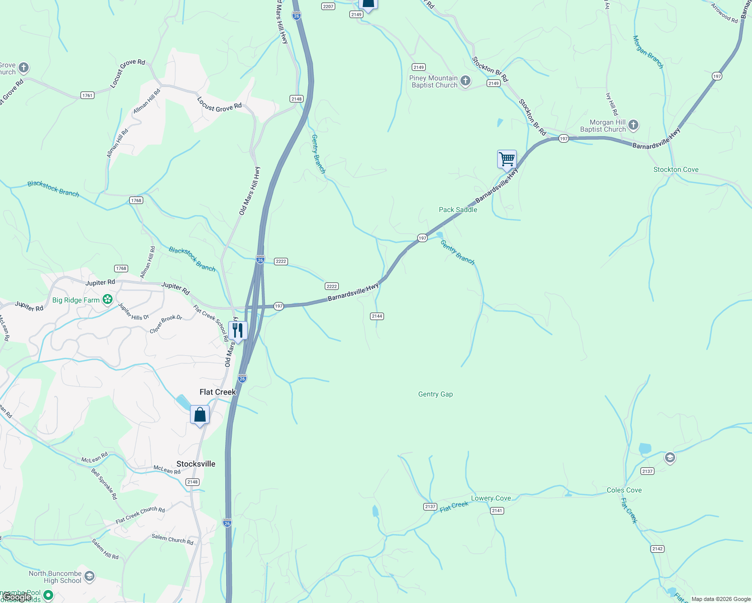 map of restaurants, bars, coffee shops, grocery stores, and more near 27 McDaris Road in Weaverville
