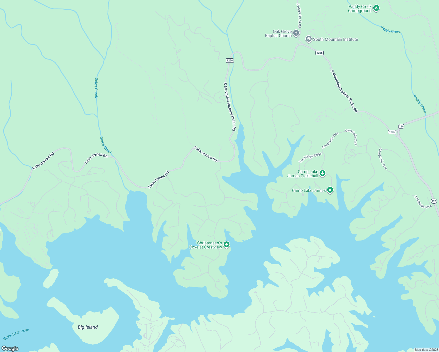 map of restaurants, bars, coffee shops, grocery stores, and more near 9504-9518 Lake James Road in Nebo